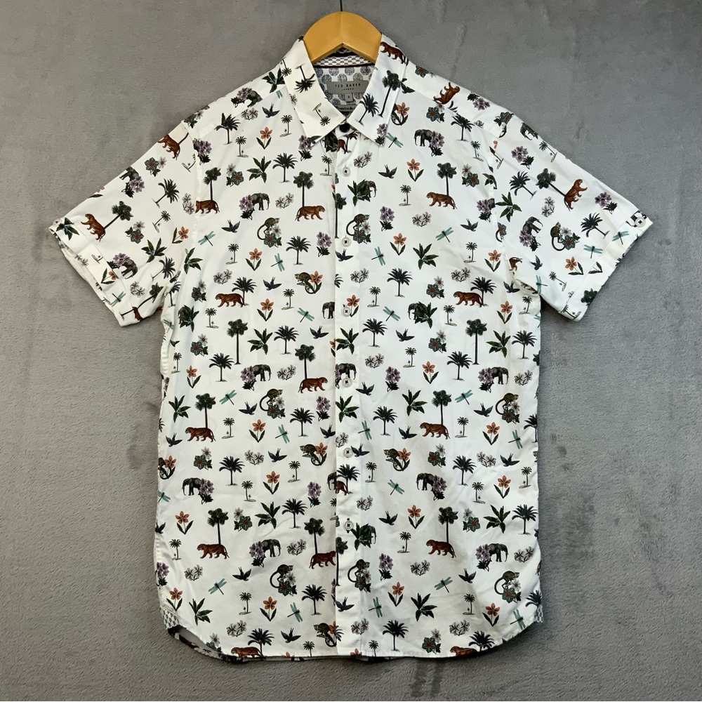 Ted Baker White Casual Button Down‎ Shirt with Playful Icons. Men’s Size 3.